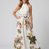 Bodil – Draperad halter maxiklänning med botanisk panel