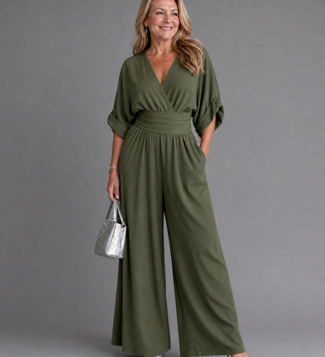 Ragnhild – Draperad overall med v-ringning och vida ben