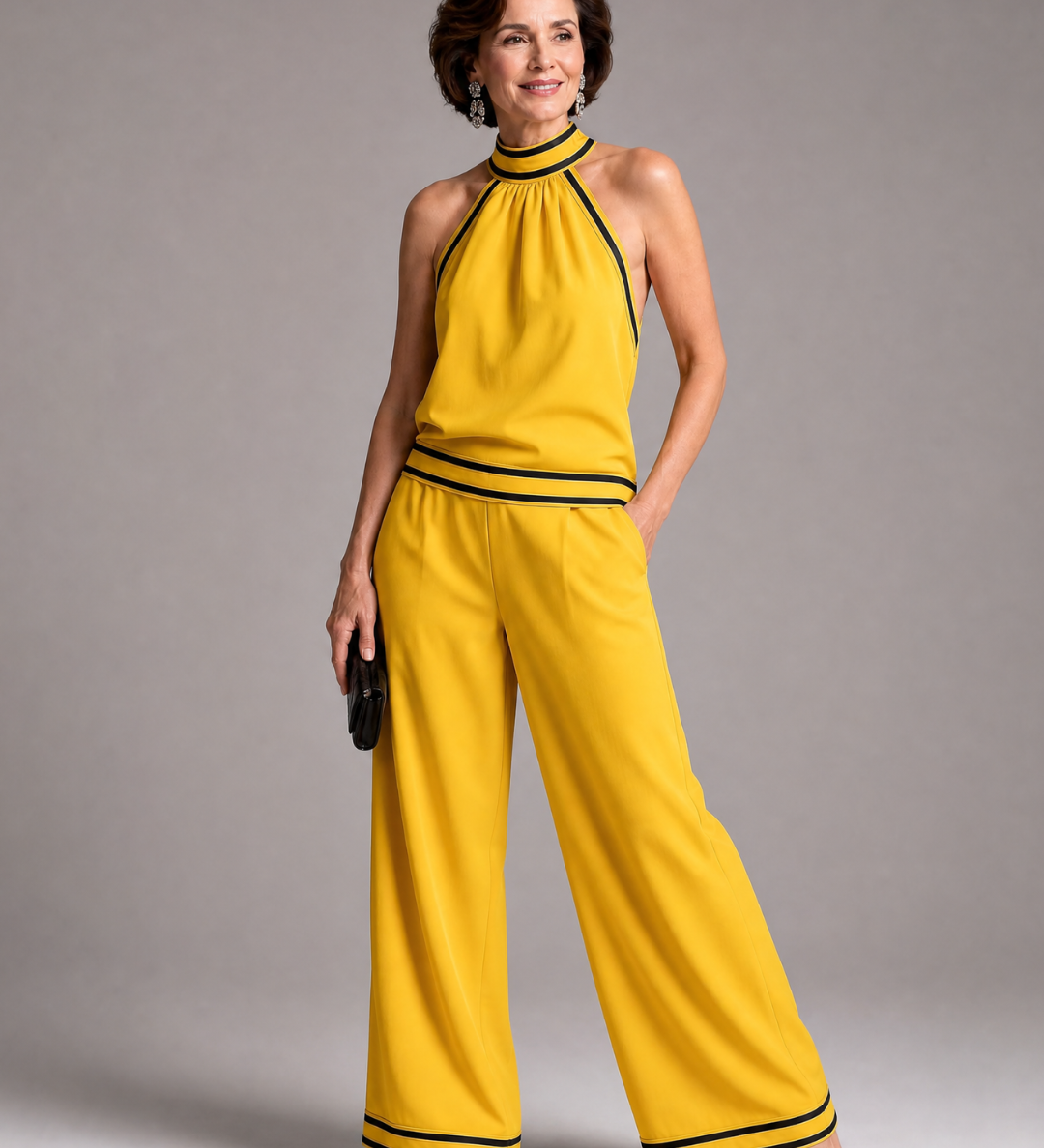 Therese – Overall med halterneck, vida ben och kontrastkant