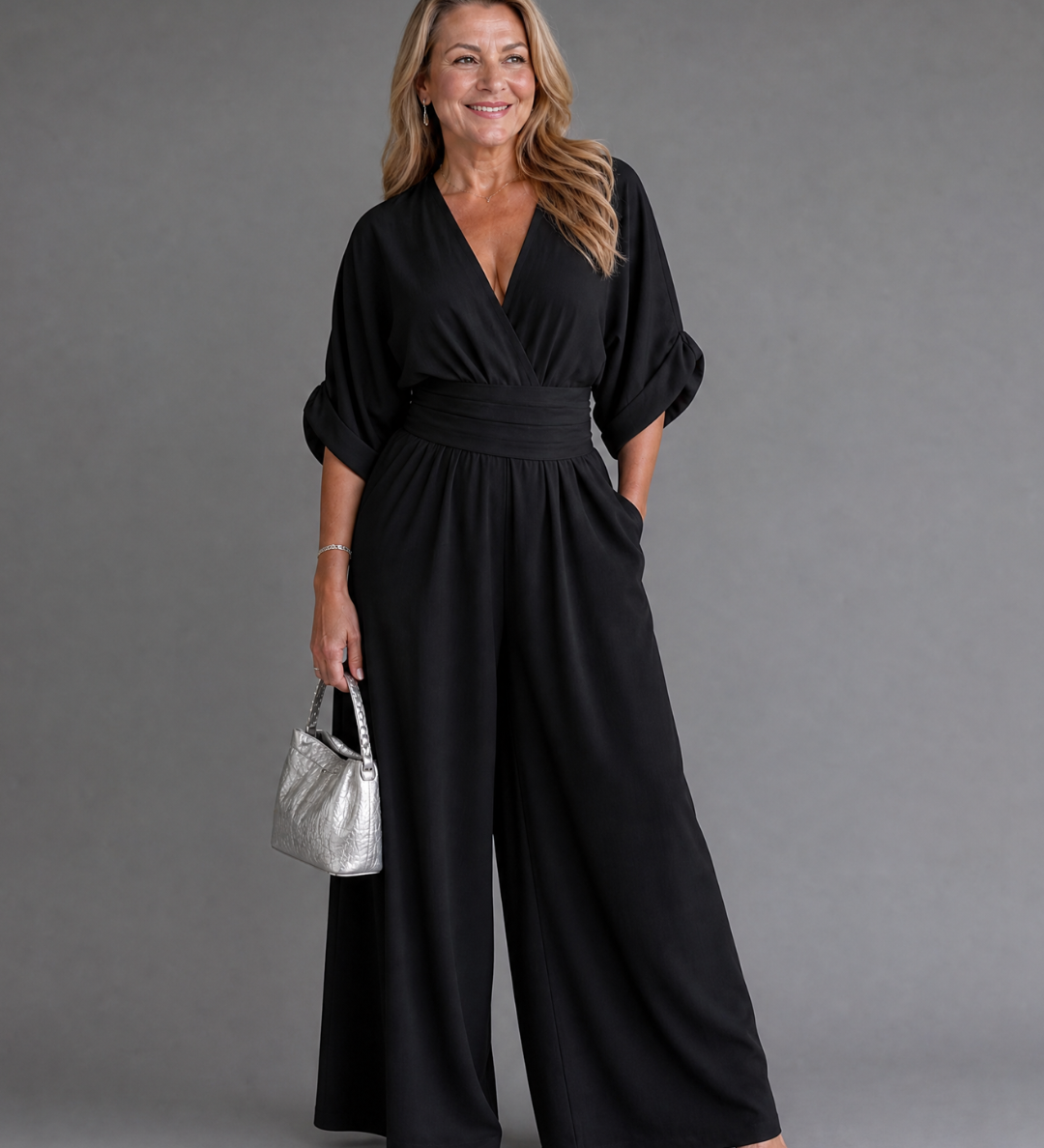 Ragnhild – Draperad overall med v-ringning och vida ben