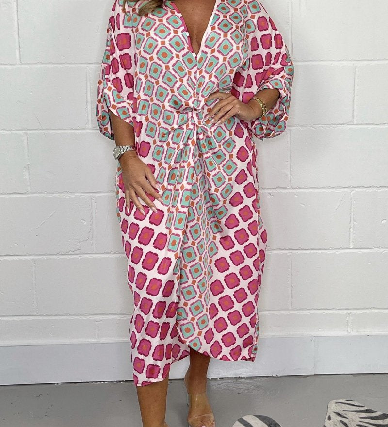 Babette | Boho V-ringad Geometrisk Mönstrad Klänning